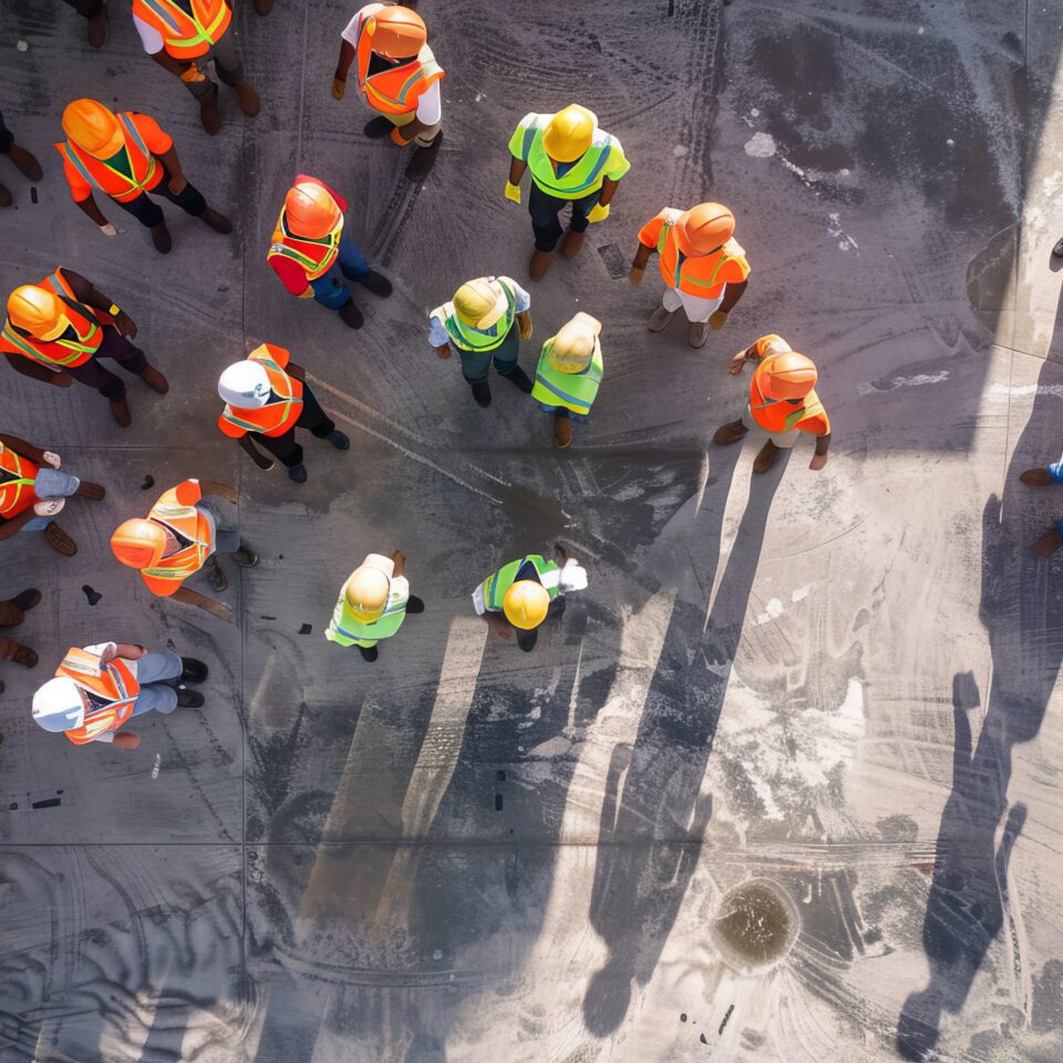 Aerial view of workers participating in a workplace safety culture initiative, promoting open communication and proactive hazard reporting