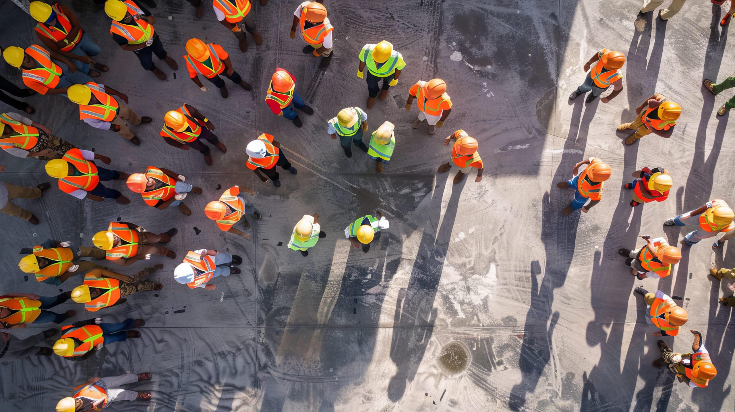 Aerial view of workers participating in a workplace safety culture initiative, promoting open communication and proactive hazard reporting