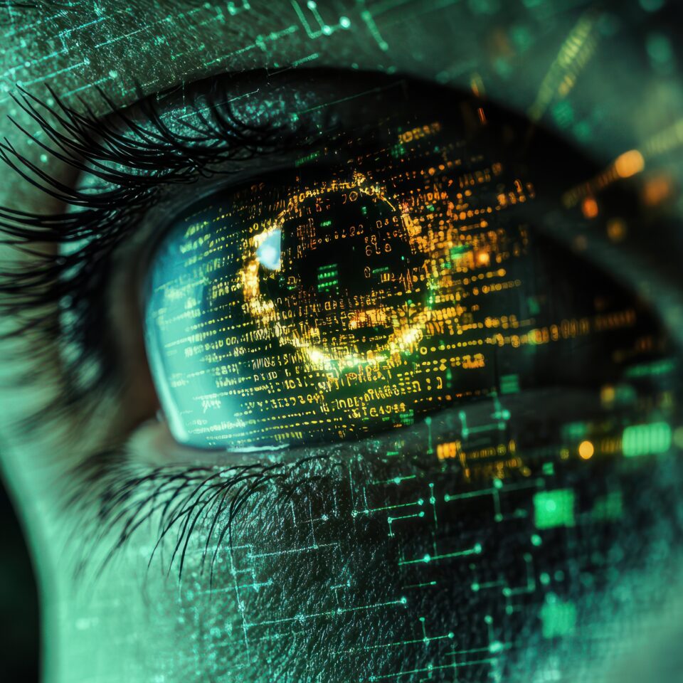 Human eye close-up on green tech background. Concept of employee surveillance.