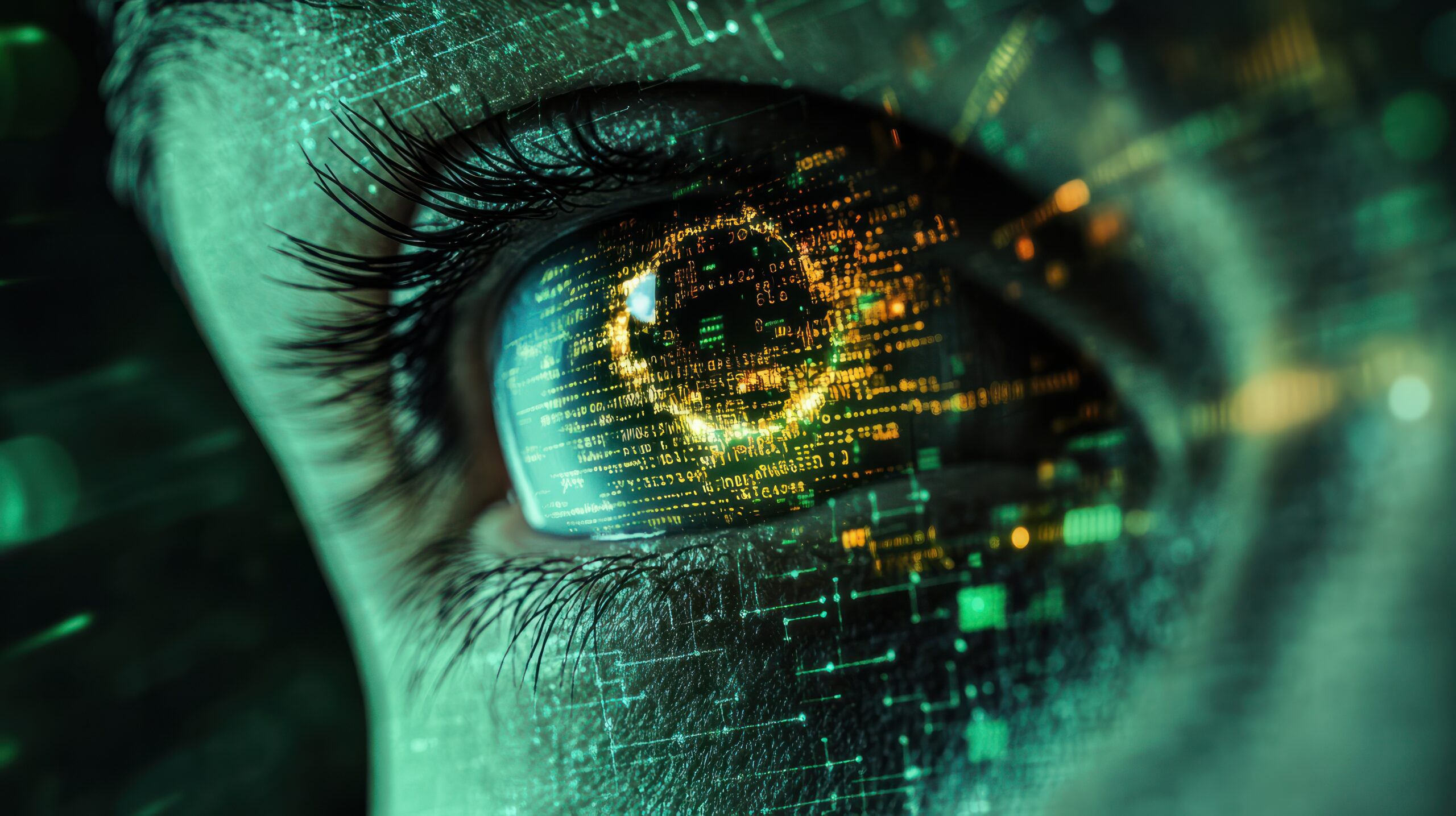 Human eye close-up on green tech background. Concept of employee surveillance.